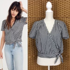Madewell Black Gingham Checked Wrap Top Sz L EUC